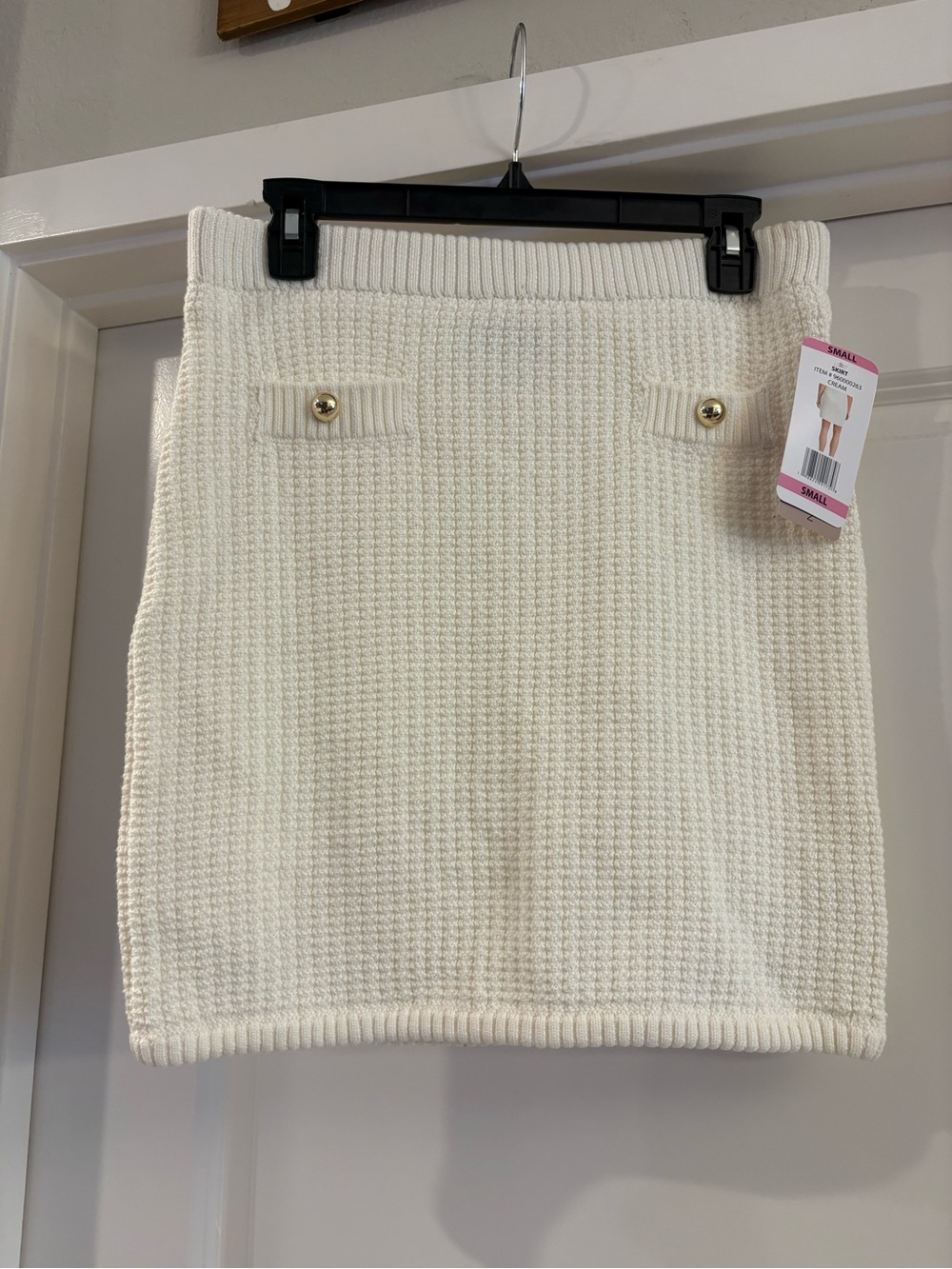 French Connection Cream Knit Mini Skirt with Gold Buttons